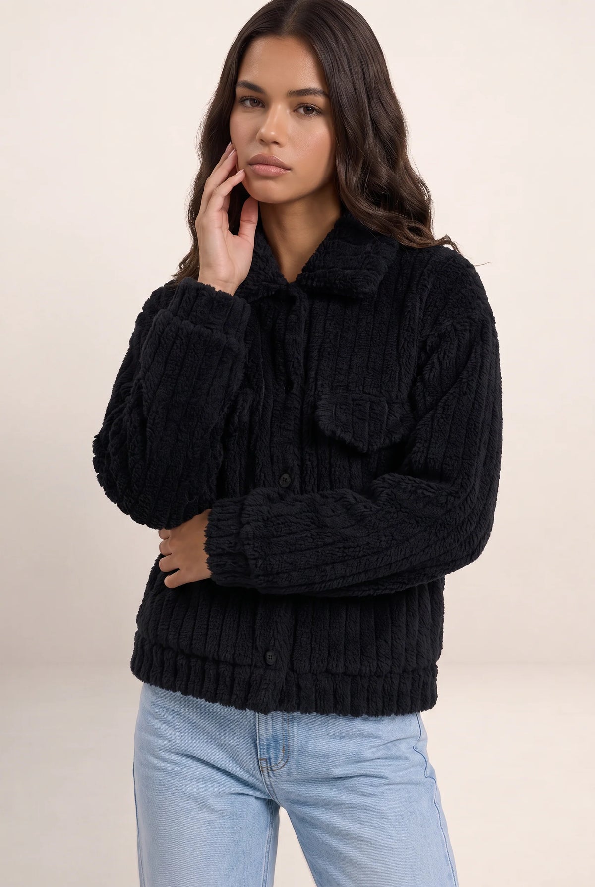 Women's Plush Teddy Jacket with Button-Up Front