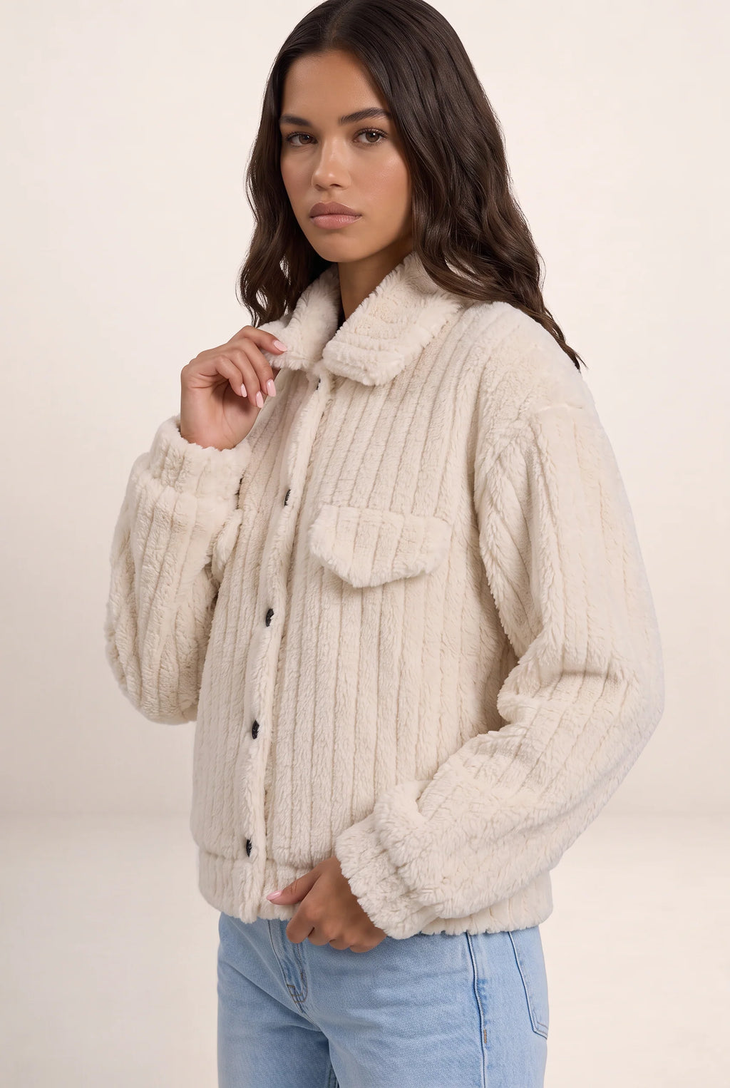 Women's Plush Teddy Jacket with Button-Up Front