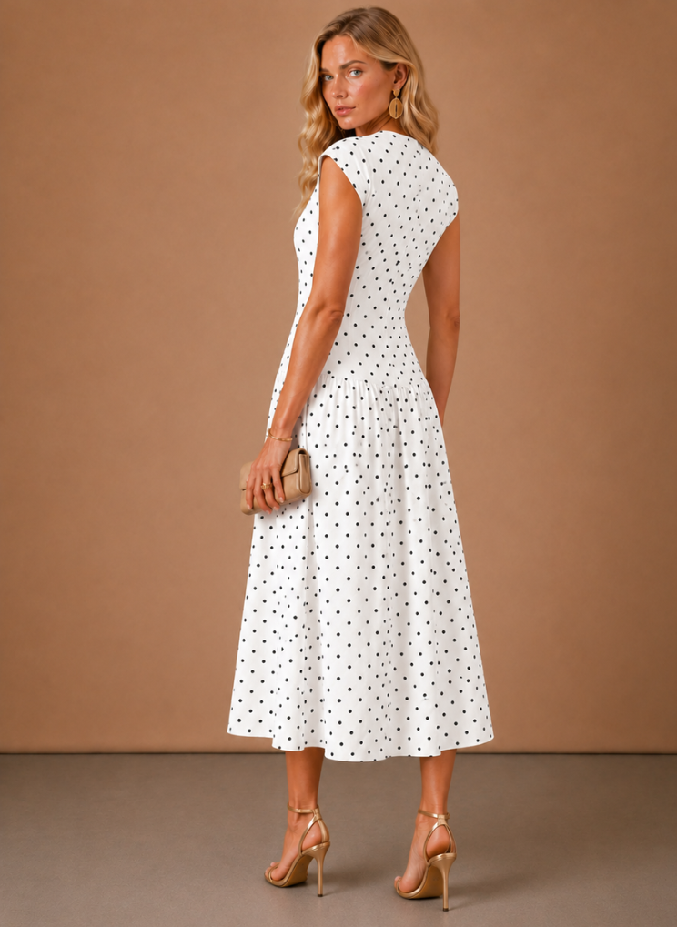 Women's Polka Dot Midi Dress – Lightweight Waisted
