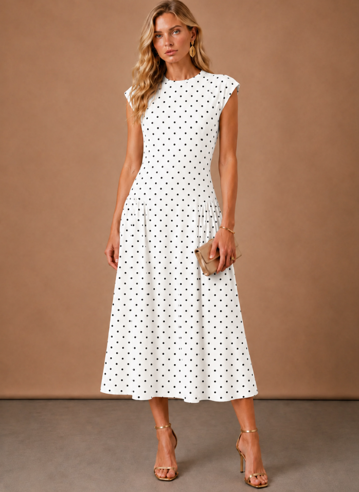Women's Polka Dot Midi Dress – Lightweight Waisted