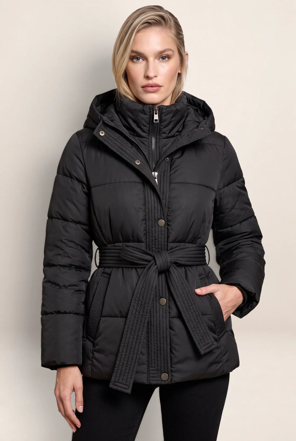 Women's Puffer Jacket with High Collar & Defined Waist