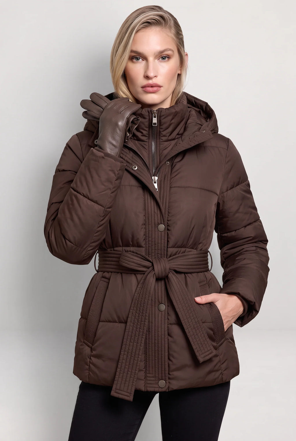 Women's Puffer Jacket with High Collar & Defined Waist