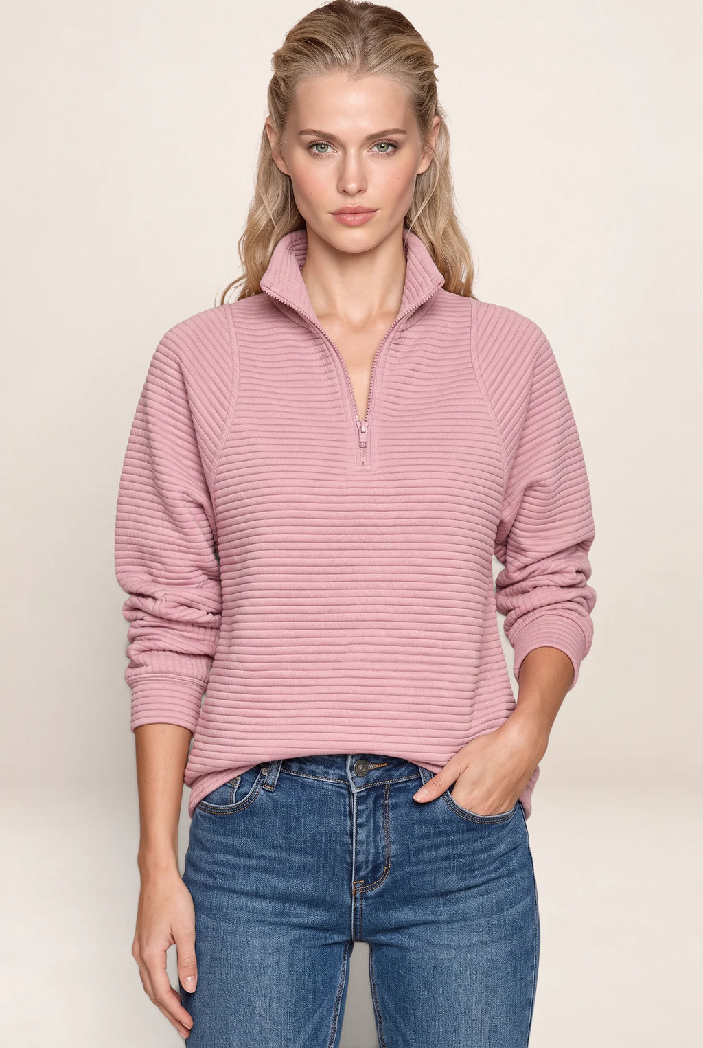 Women's Ribbed Half Zip Pullover – Casual Knit Zip Neck Jumper