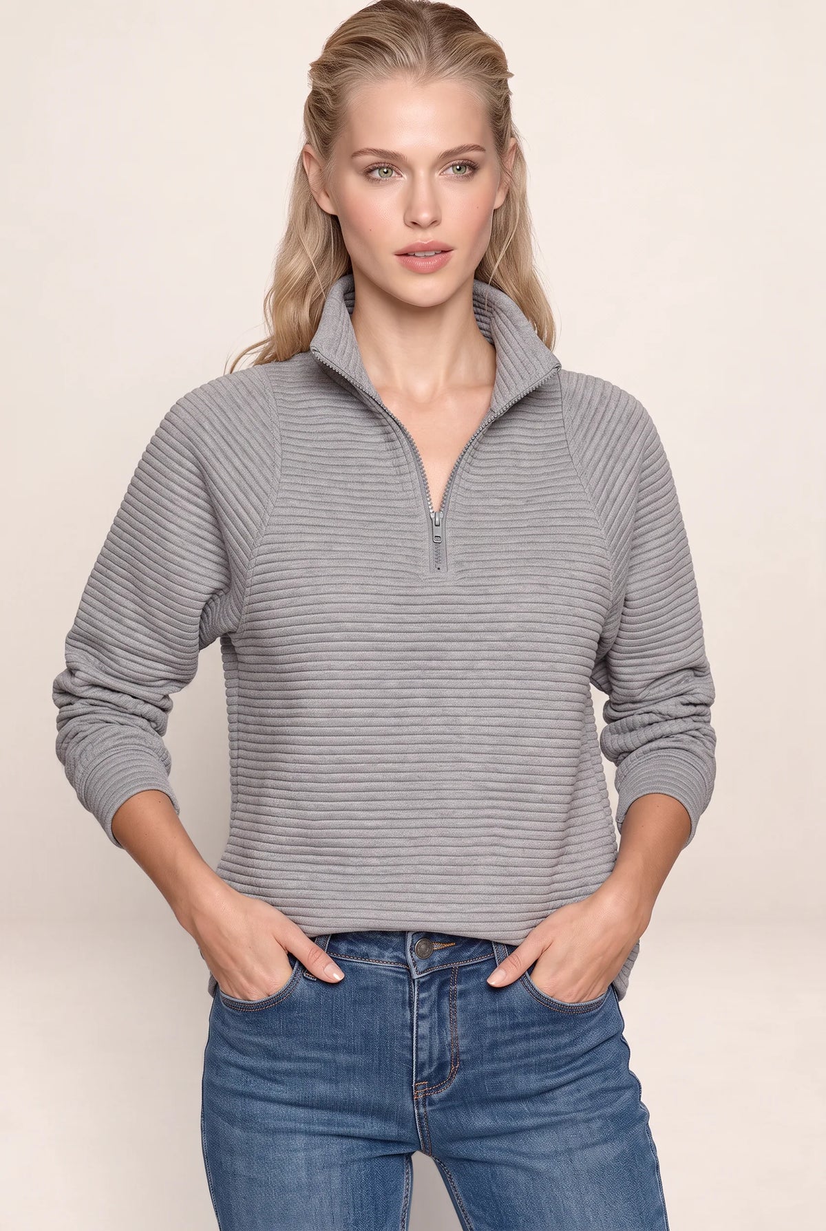 Women's Ribbed Half Zip Pullover – Casual Knit Zip Neck Jumper