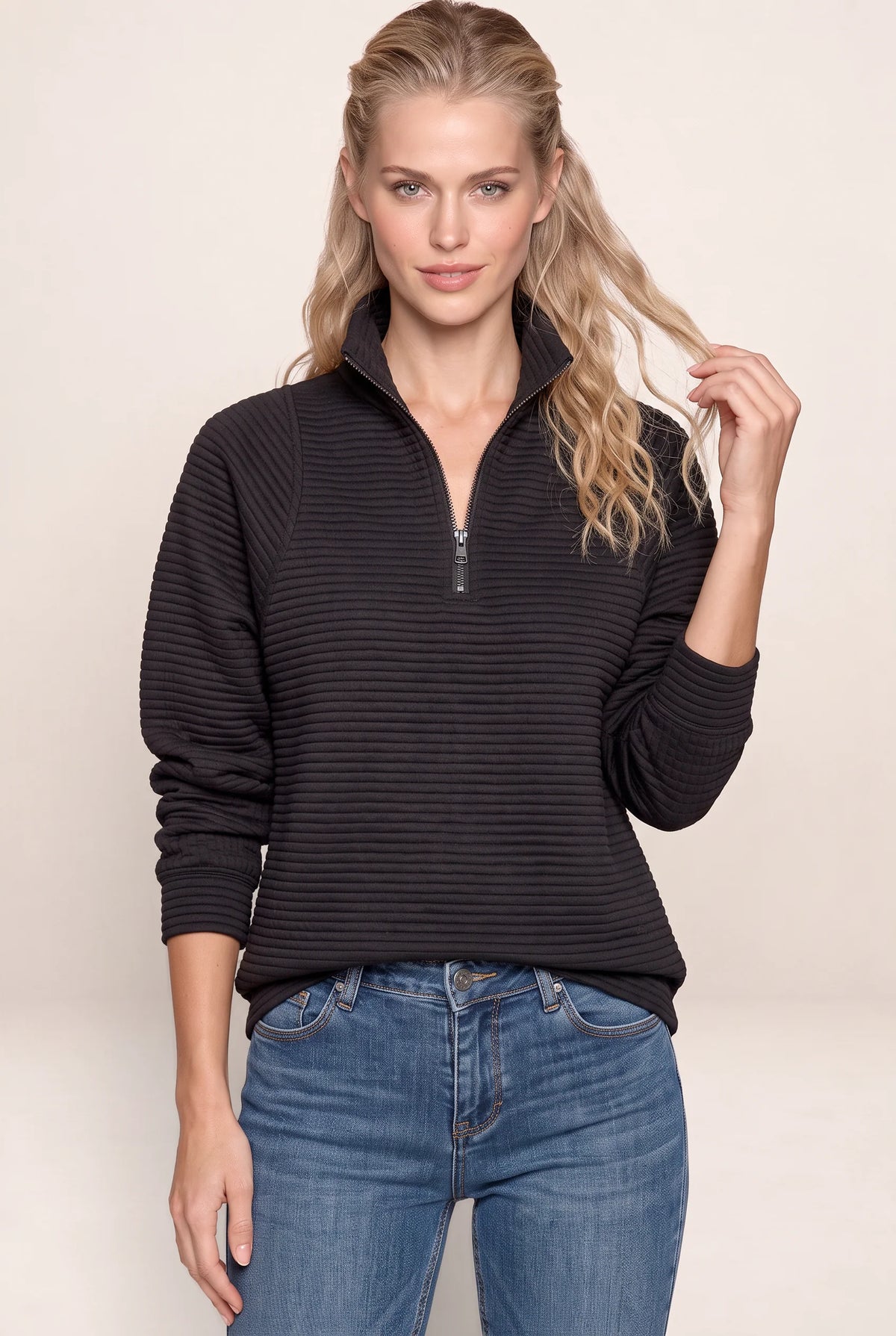 Women's Ribbed Half Zip Pullover – Casual Knit Zip Neck Jumper