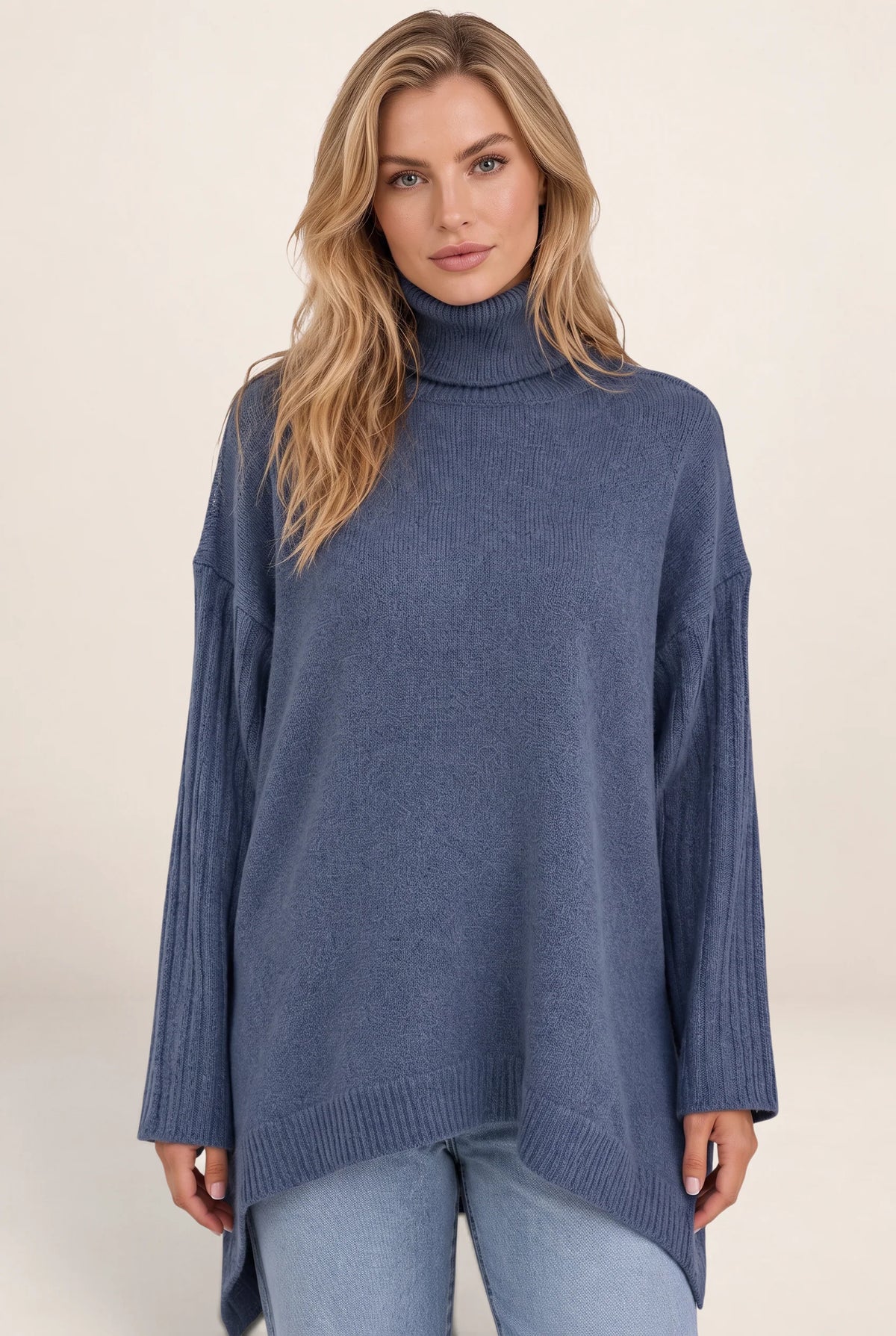 Women's Roll Neck Oversized Jumper – Soft Knit Longline Sweater