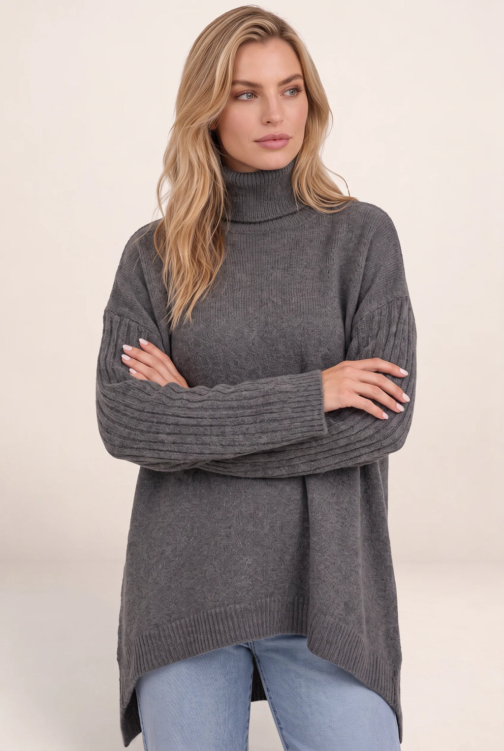 Women's Roll Neck Oversized Jumper – Soft Knit Longline Sweater