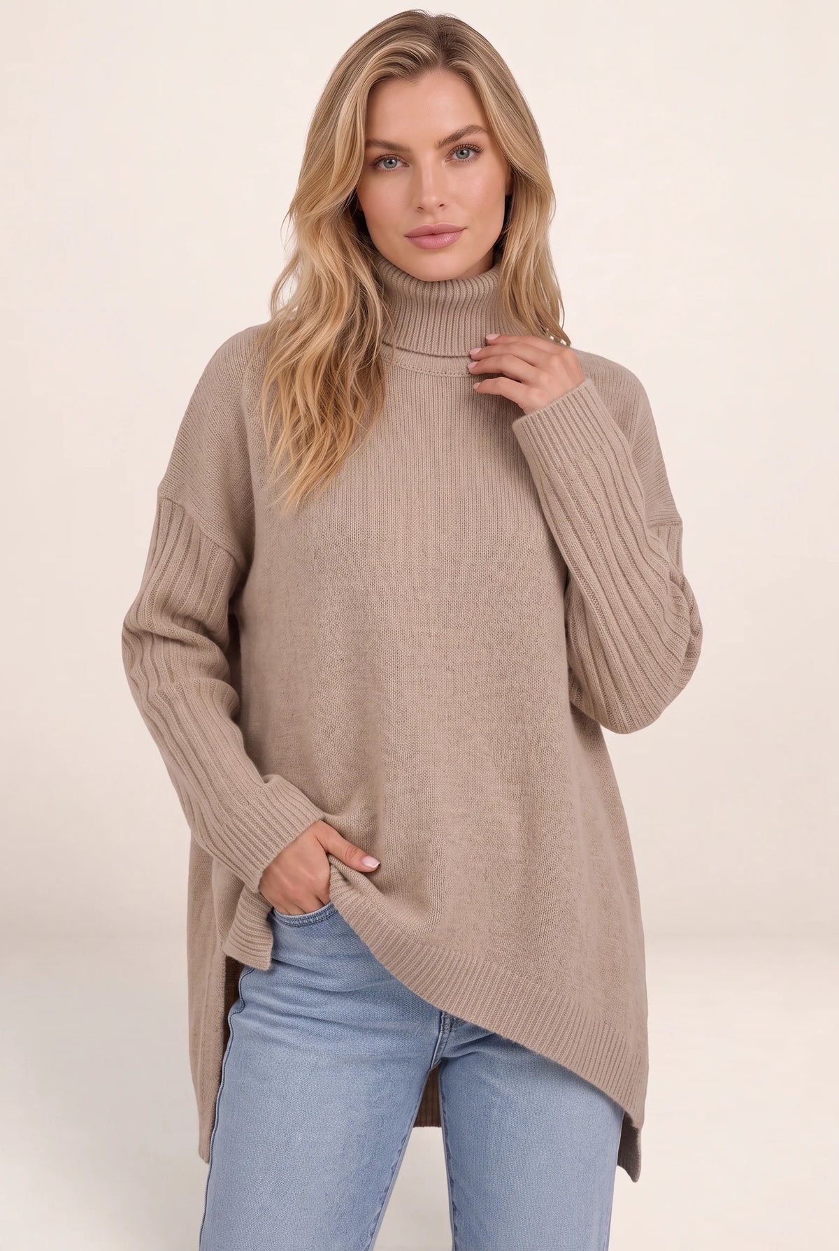 Women's Roll Neck Oversized Jumper – Soft Knit Longline Sweater