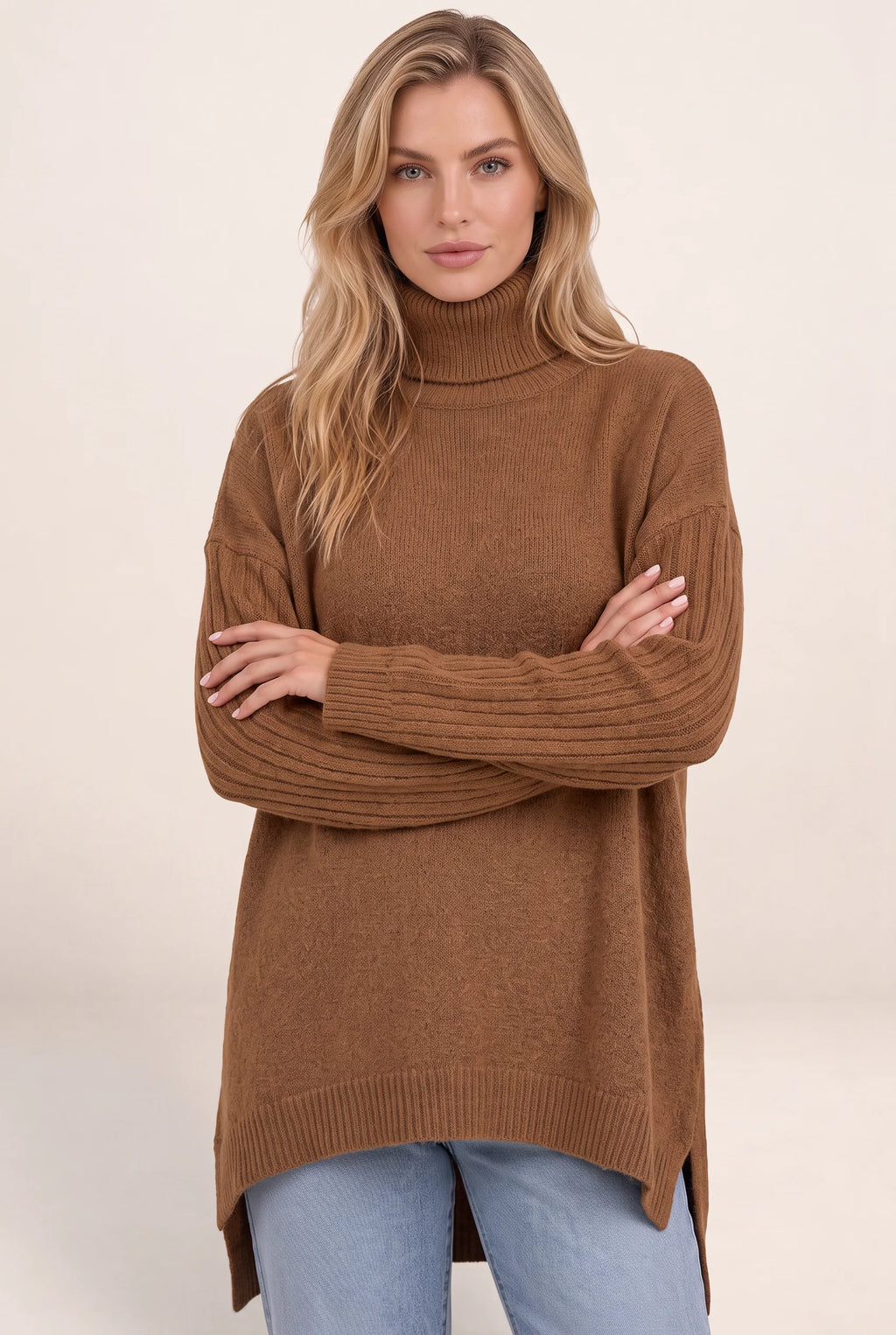 Women's Roll Neck Oversized Jumper – Soft Knit Longline Sweater