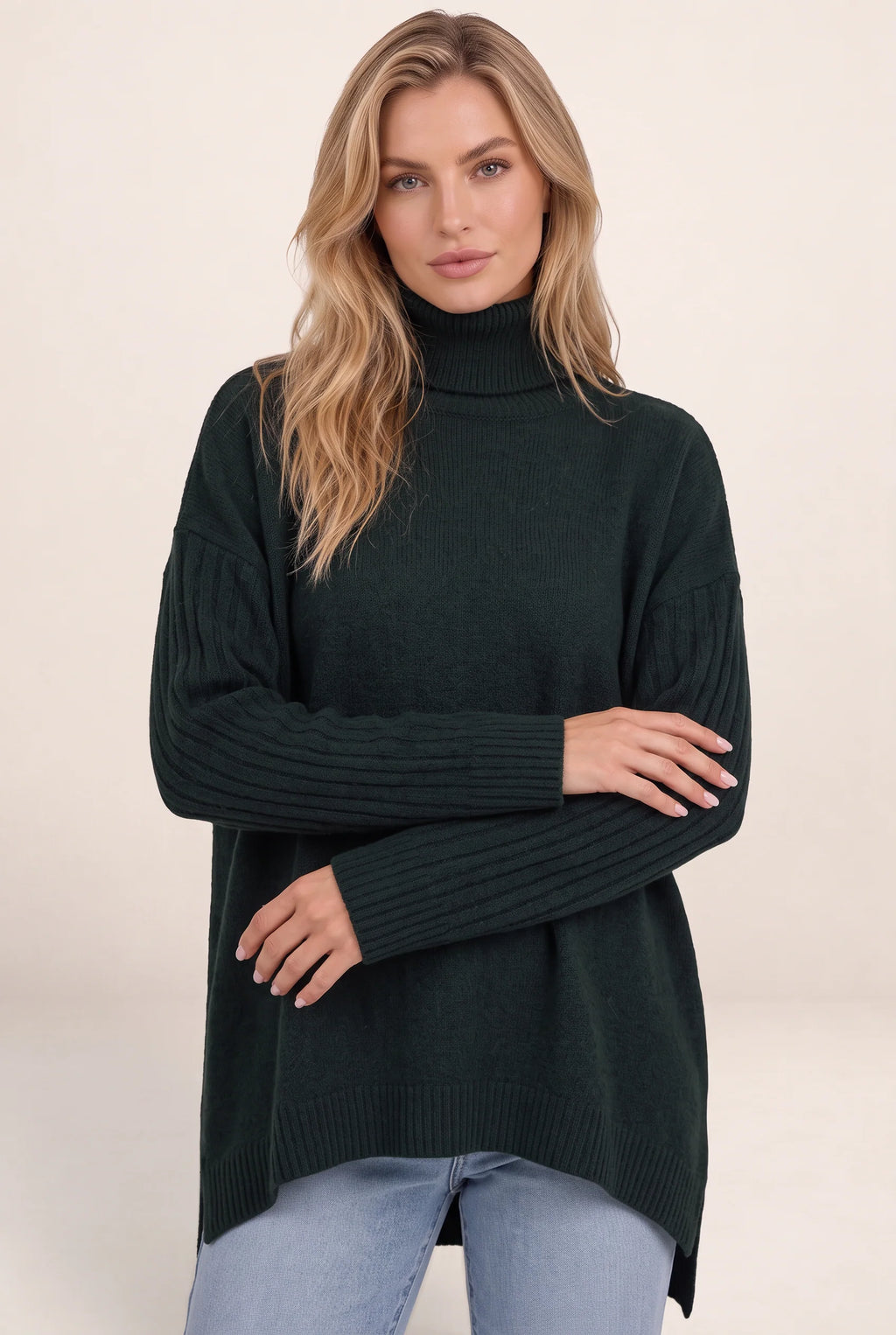 Women's Roll Neck Oversized Jumper – Soft Knit Longline Sweater