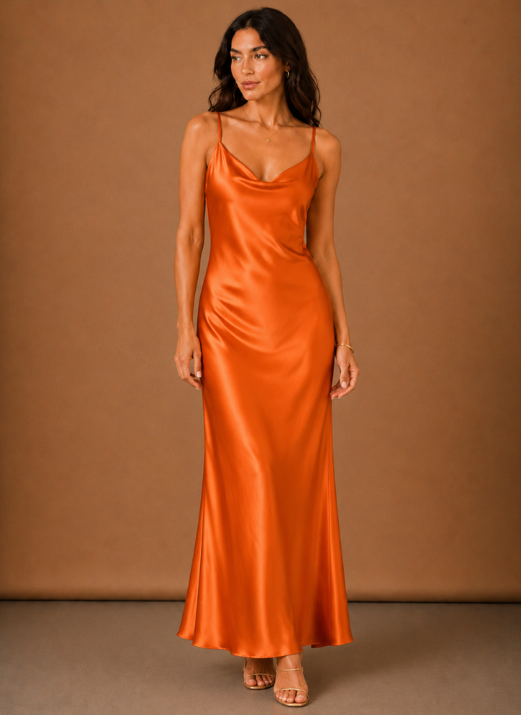 Women’s Satin Cowl Neck Maxi Dress – Elegant Evening Occasion