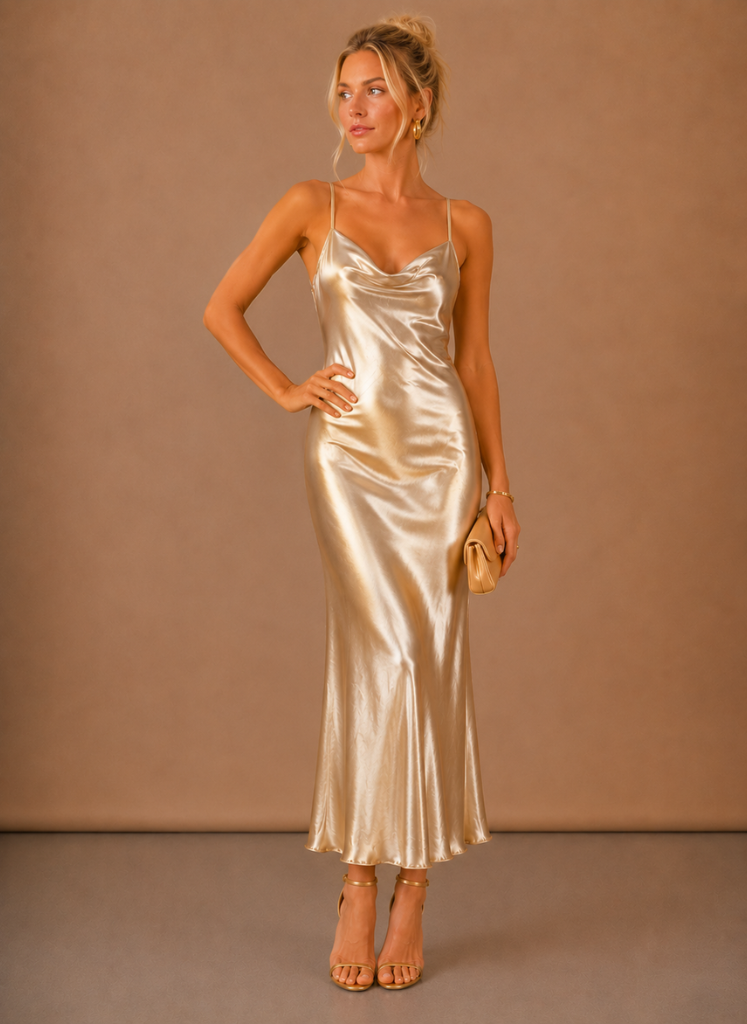 Women’s Satin Cowl Neck Midi Dress – Elegant Evening Occasion 