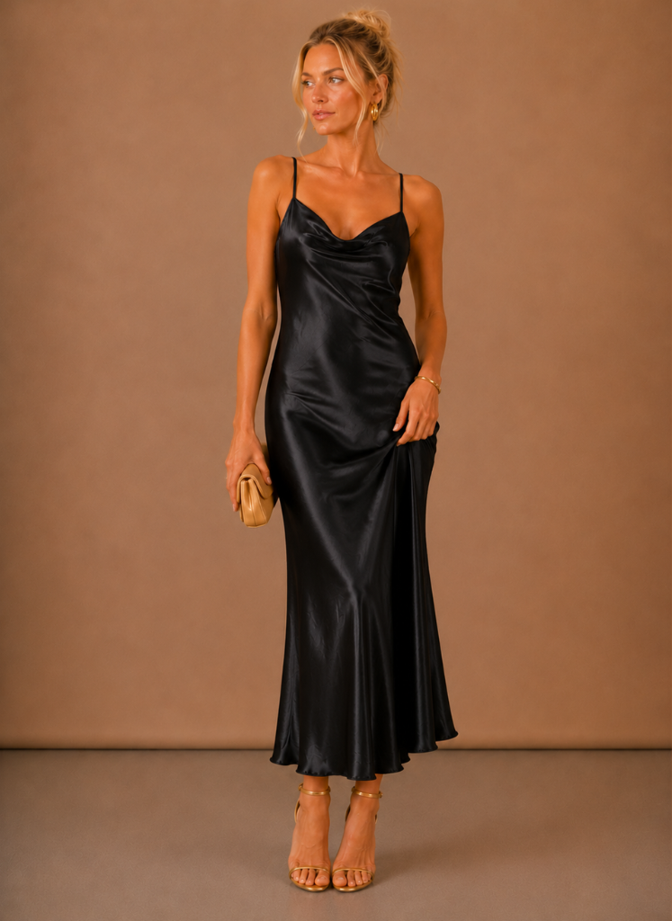 Women’s Satin Cowl Neck Midi Dress – Elegant Evening Occasion