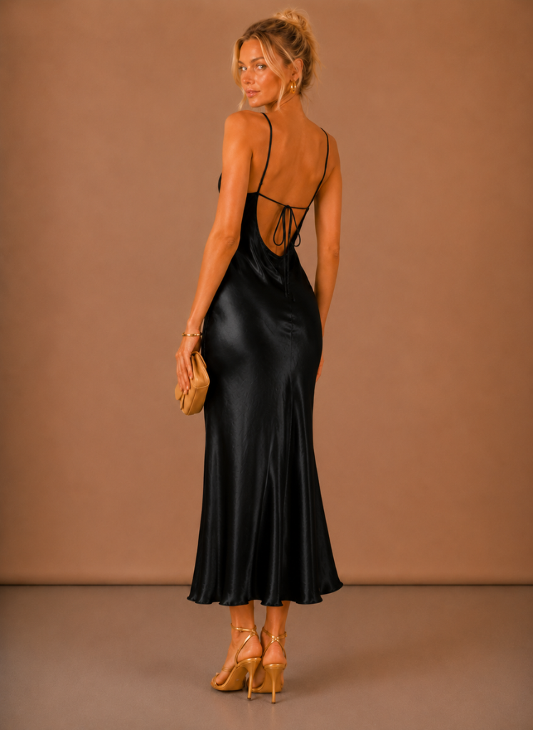 Women’s Satin Cowl Neck Midi Dress – Elegant Evening Occasion