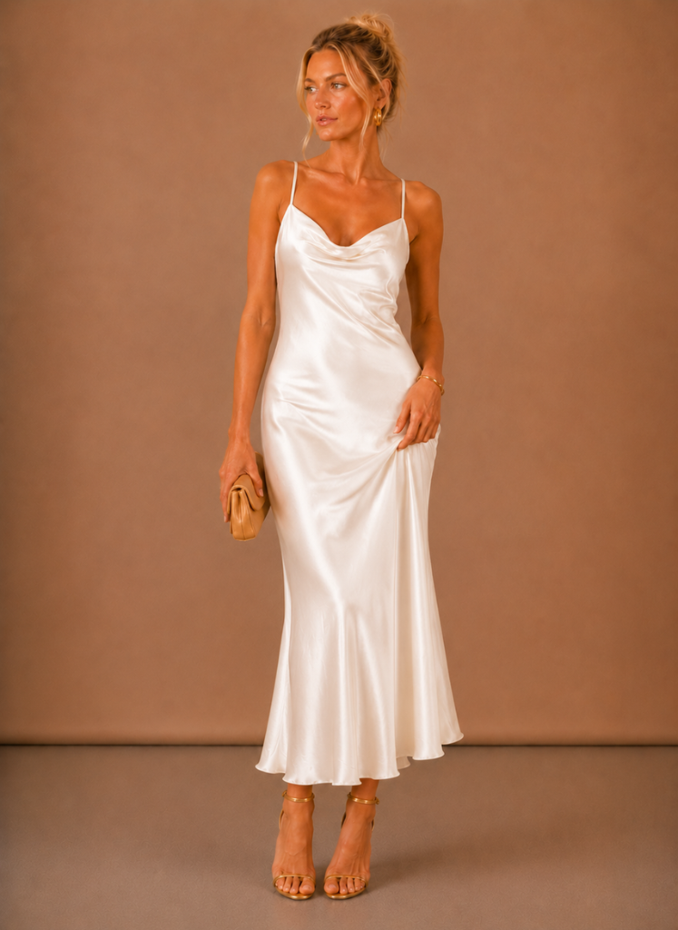 Women’s Satin Cowl Neck Midi Dress – Elegant Evening Occasion