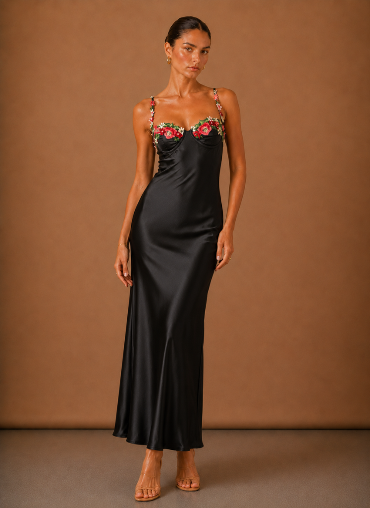 Women’s Satin Floral Detail Maxi Dress – Elegant Evening Occasion