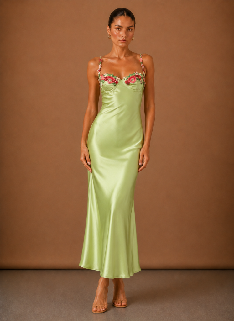 Women’s Satin Floral Detail Maxi Dress – Elegant Evening Occasion