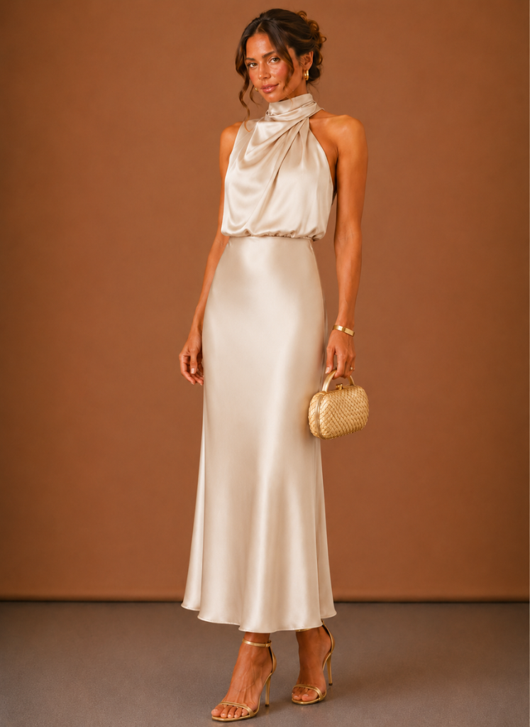 Women's Satin Halter Maxi Dress – Elegant Wedding Guest