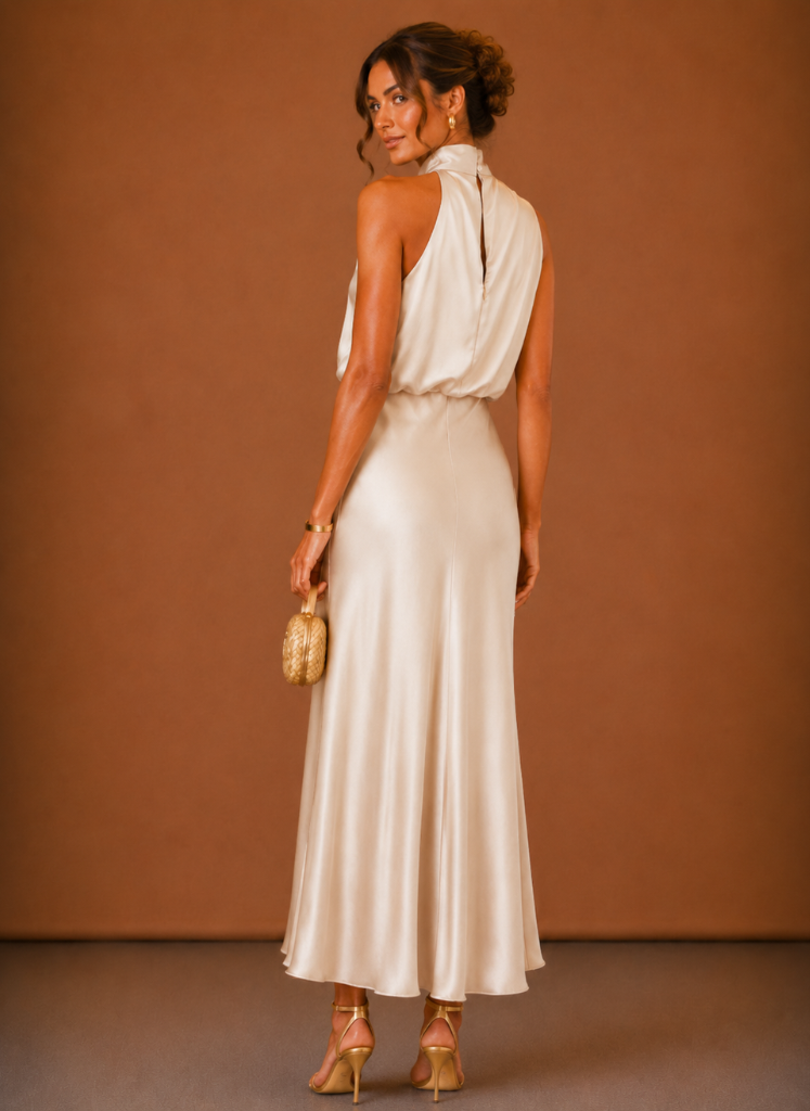 Women's Satin Halter Maxi Dress – Elegant Wedding Guest