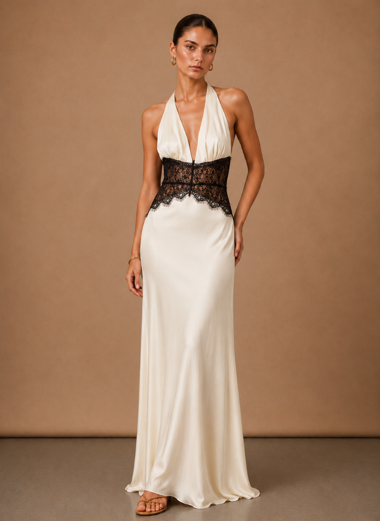 Women’s Satin Halter Maxi Dress – Elegant Wedding Guest