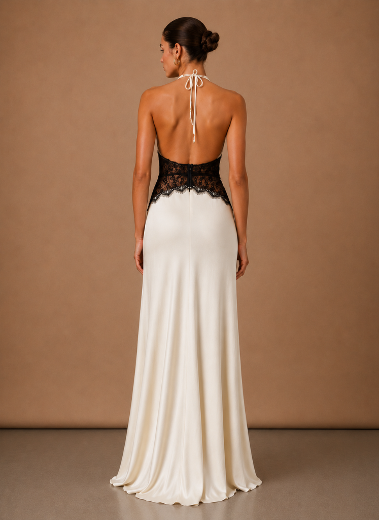 Women’s Satin Halter Maxi Dress – Elegant Wedding Guest