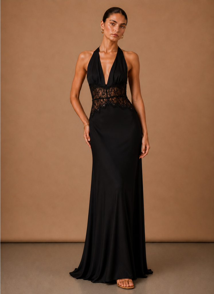 Women’s Satin Halter Maxi Dress – Elegant Wedding Guest