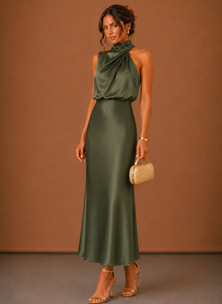 Women's Satin Halter Maxi Dress – Elegant Wedding Guest