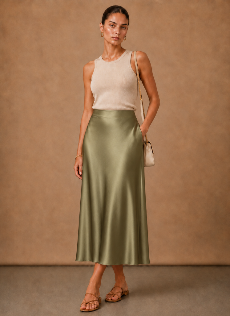 Women's Satin Midi Skirt – Elegant A-Line Flowing