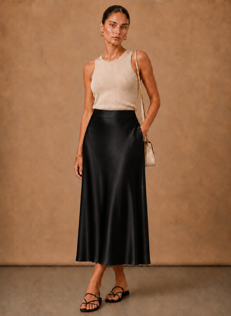 Women's Satin Midi Skirt – Elegant A-Line Flowing