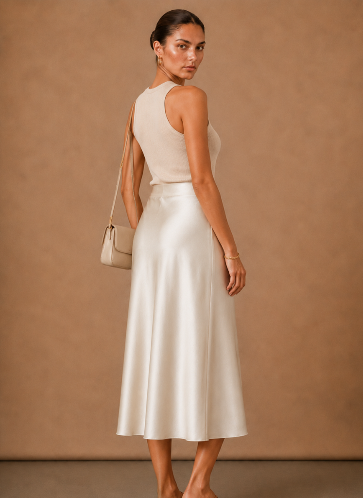 Women's Satin Midi Skirt – Elegant A-Line Flowing