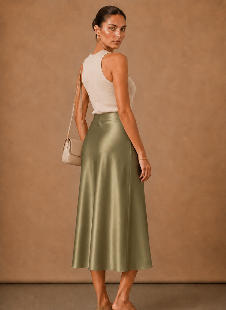 Women's Satin Midi Skirt – Elegant A-Line Flowing