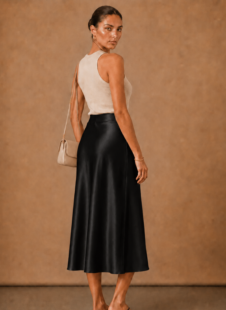 Women's Satin Midi Skirt – Elegant A-Line Flowing