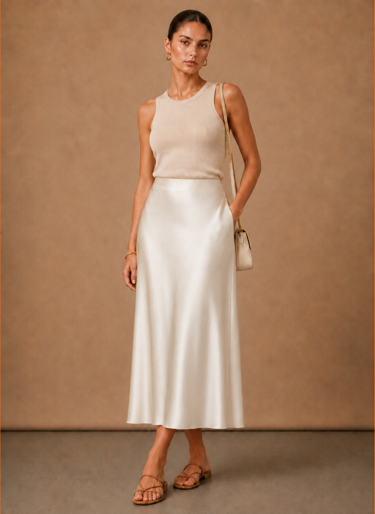 Women's Satin Midi Skirt – Elegant A-Line Flowing