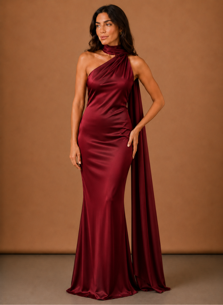 Women’s Satin One Shoulder Maxi Dress – Elegant Evening Occasion