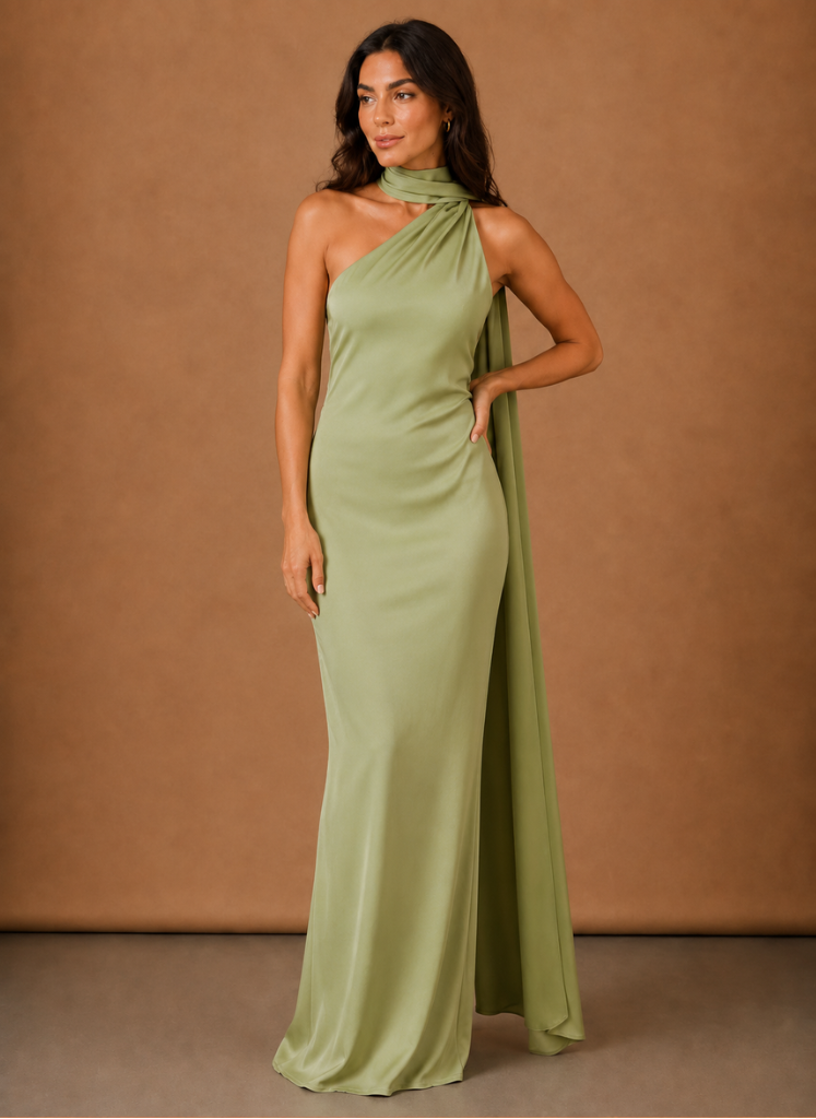 Women’s Satin One Shoulder Maxi Dress – Elegant Evening Occasion
