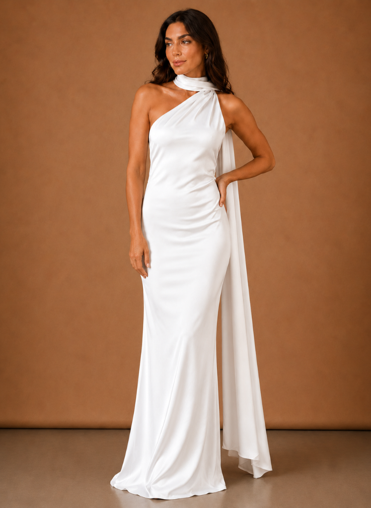 Women’s Satin One Shoulder Maxi Dress – Elegant Evening Occasion