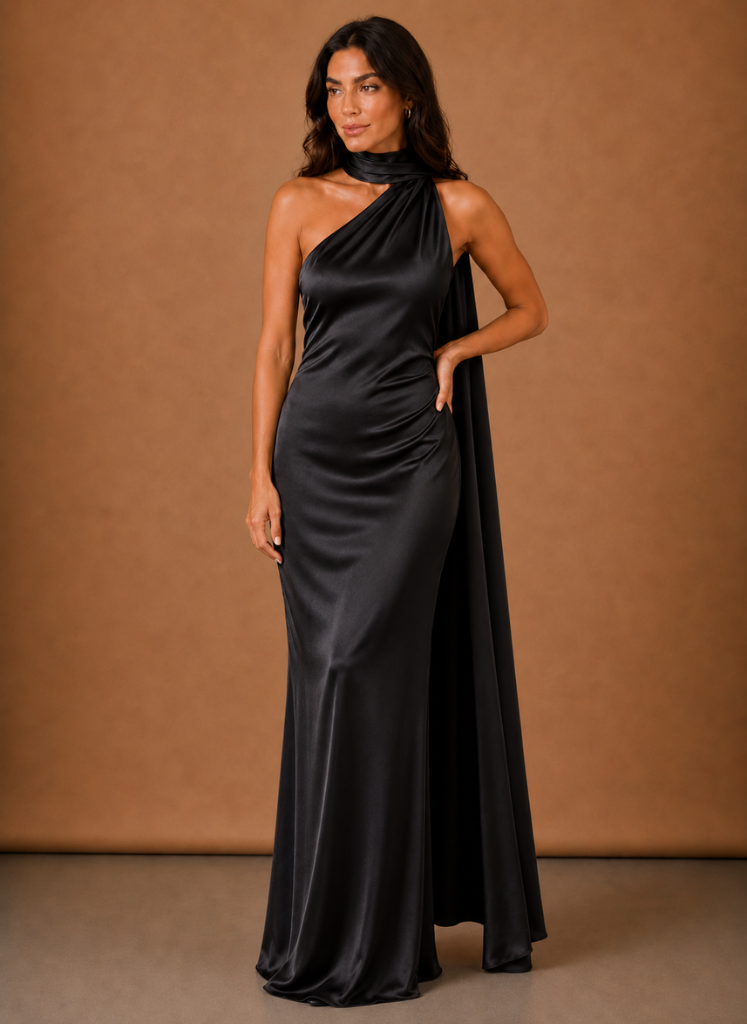 Women’s Satin One Shoulder Maxi Dress – Elegant Evening Occasion