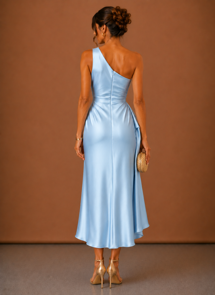 Women’s Satin One Shoulder Midi Dress – Elegant Wedding Guest