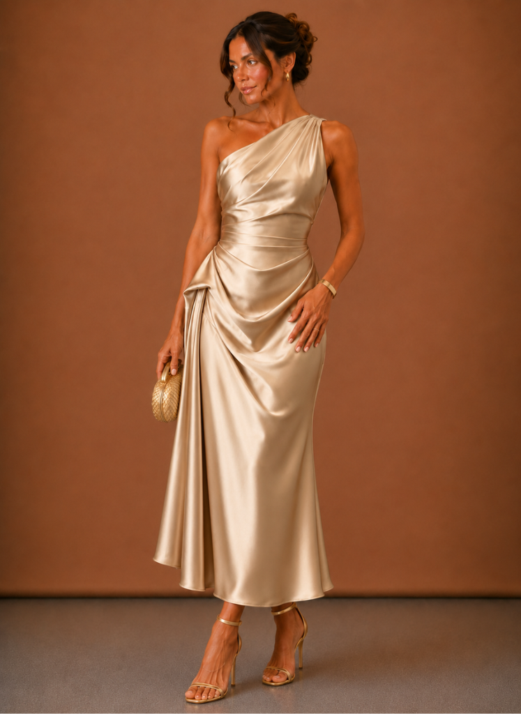 Women’s Satin One Shoulder Midi Dress – Elegant Wedding Guest