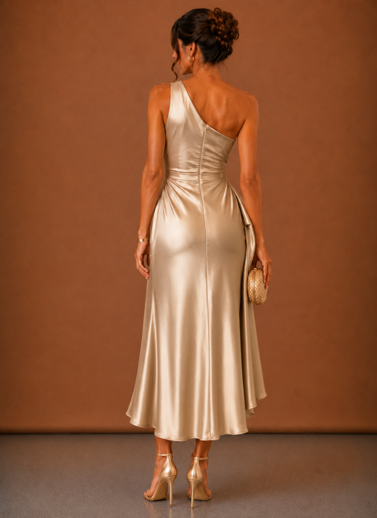 Women’s Satin One Shoulder Midi Dress – Elegant Wedding Guest