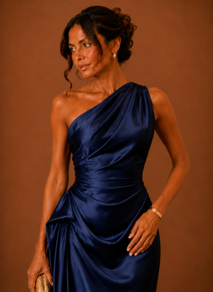 Women’s Satin One Shoulder Midi Dress – Elegant Wedding Guest