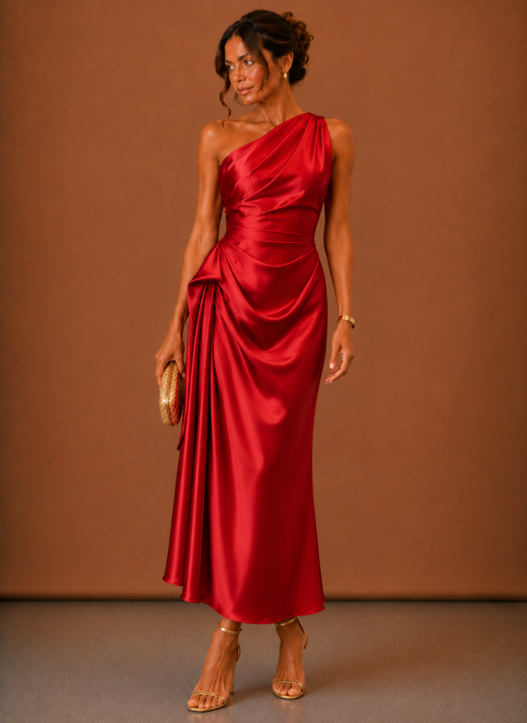 Women’s Satin One Shoulder Midi Dress – Elegant Wedding Guest