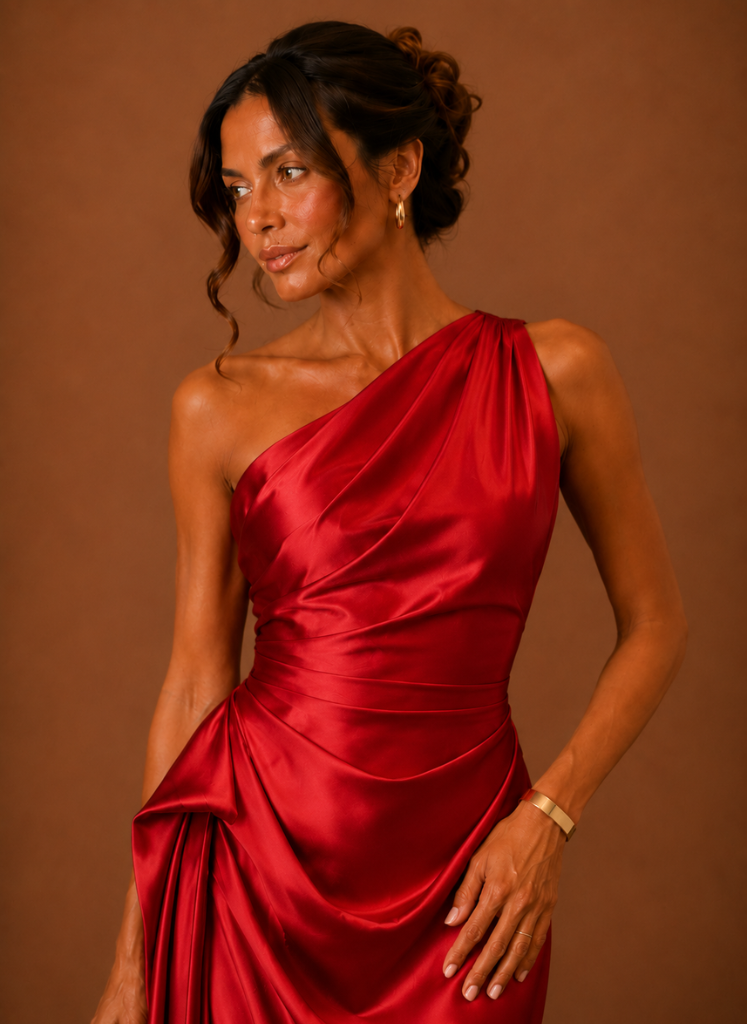 Women’s Satin One Shoulder Midi Dress – Elegant Wedding Guest