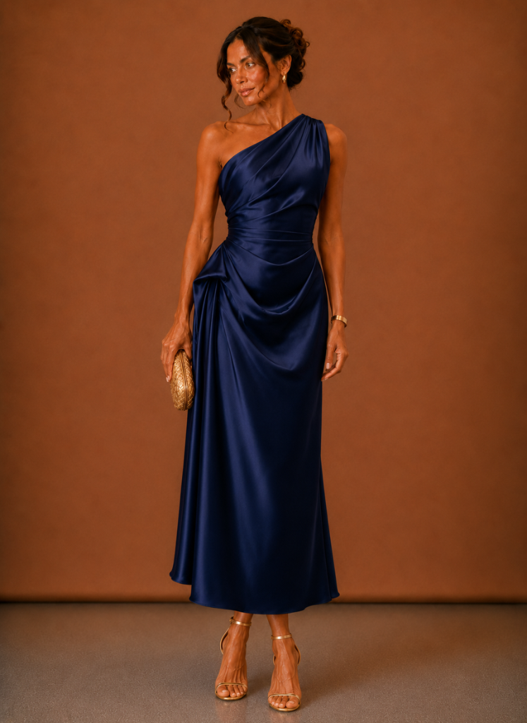 Women’s Satin One Shoulder Midi Dress – Elegant Wedding Guest
