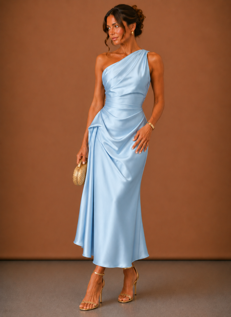 Women’s Satin One Shoulder Midi Dress – Elegant Wedding Guest