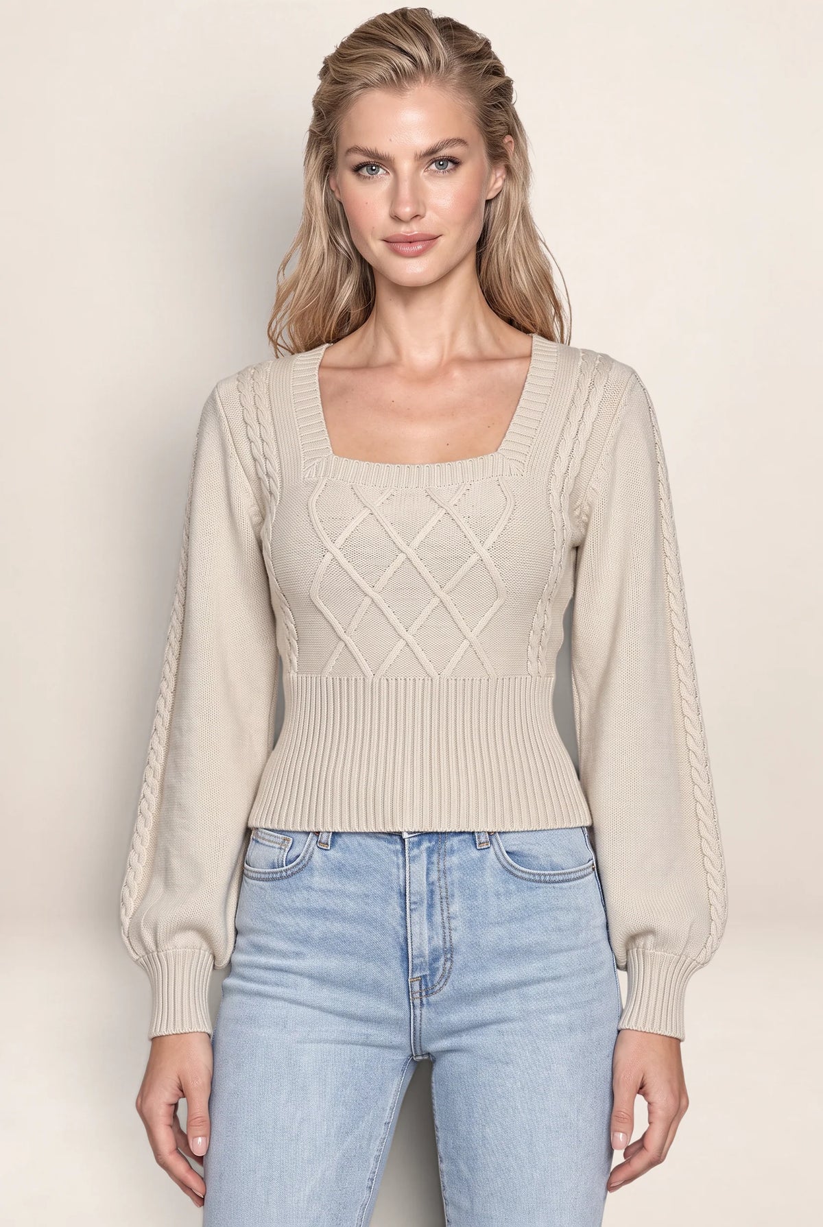 Women’s Square Neck Cable Knit Jumper – Balloon Sleeve Fitted Sweater