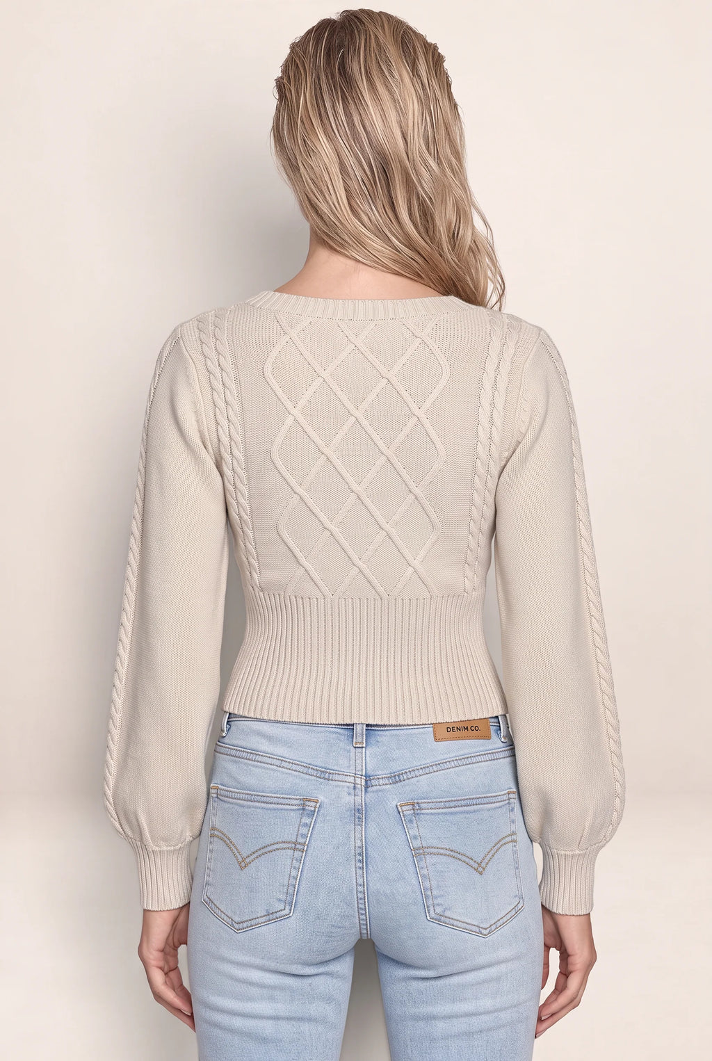 Women’s Square Neck Cable Knit Jumper – Balloon Sleeve Fitted Sweater