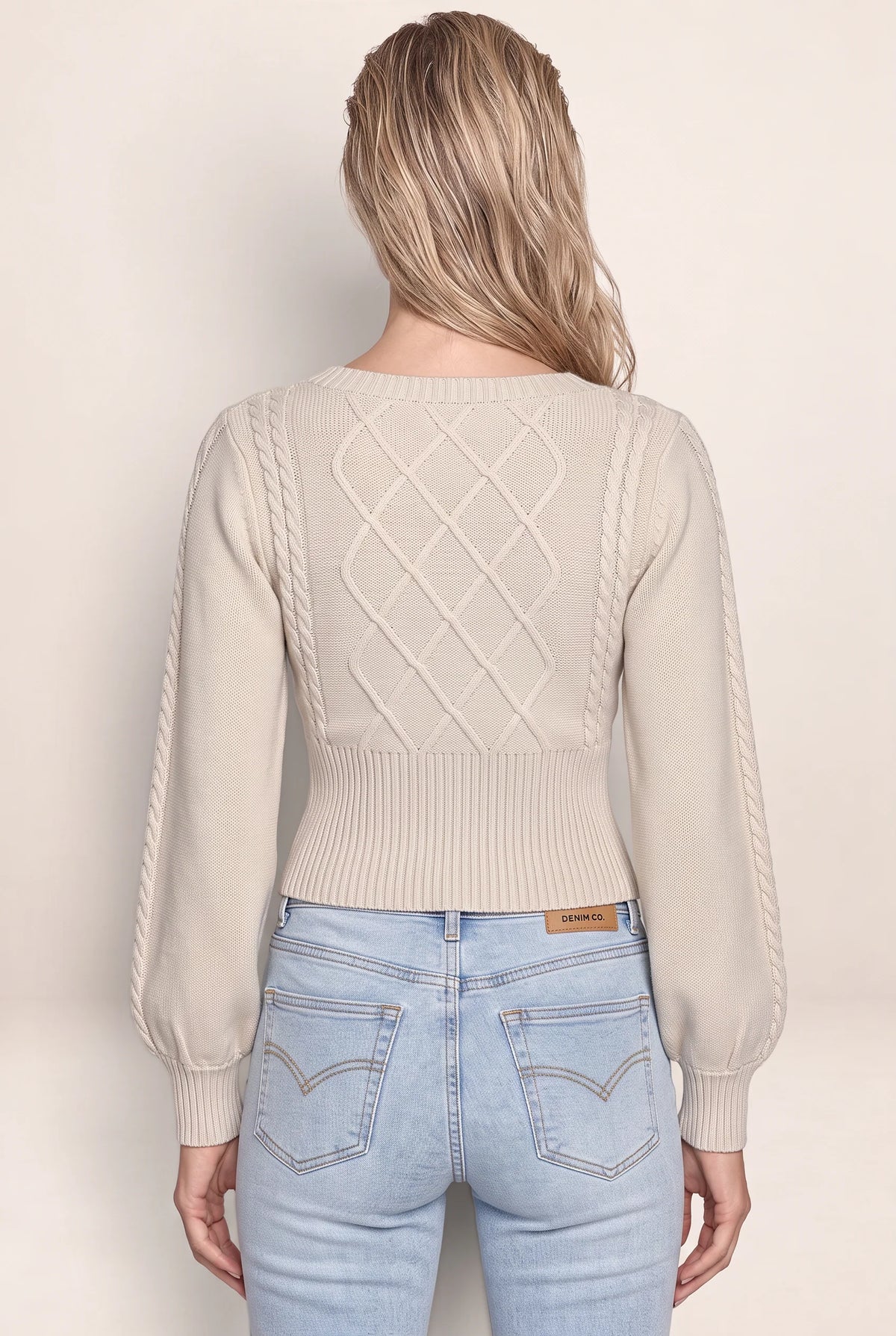Women’s Square Neck Cable Knit Jumper – Balloon Sleeve Fitted Sweater