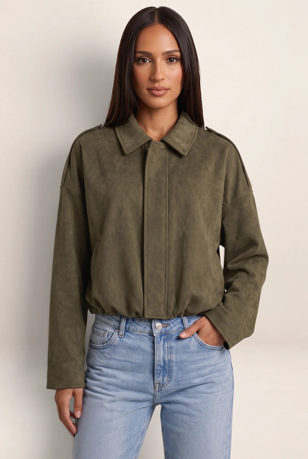 Women's Stylish Suede Look Bomber Jacket with Oversized Fit for Everyday Comfort
