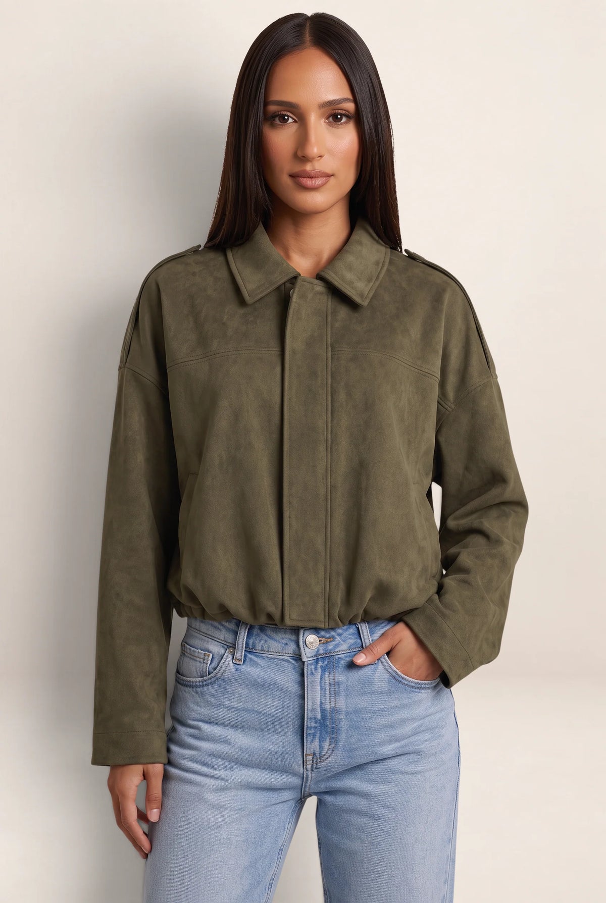 Women's Stylish Suede Look Bomber Jacket with Oversized Fit for Everyday Comfort
